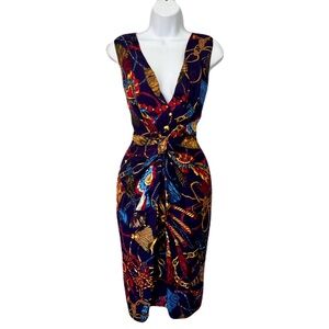 Love Moschino Navy Deep V-Neck Knotted Tassel Print Sleeveless Dress, Size 10